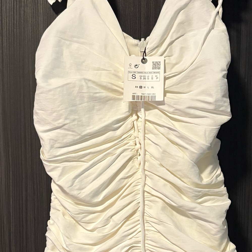 Zara White One-Shoulder Ruffle Ruched Mini Dress - Picture 6 of 6